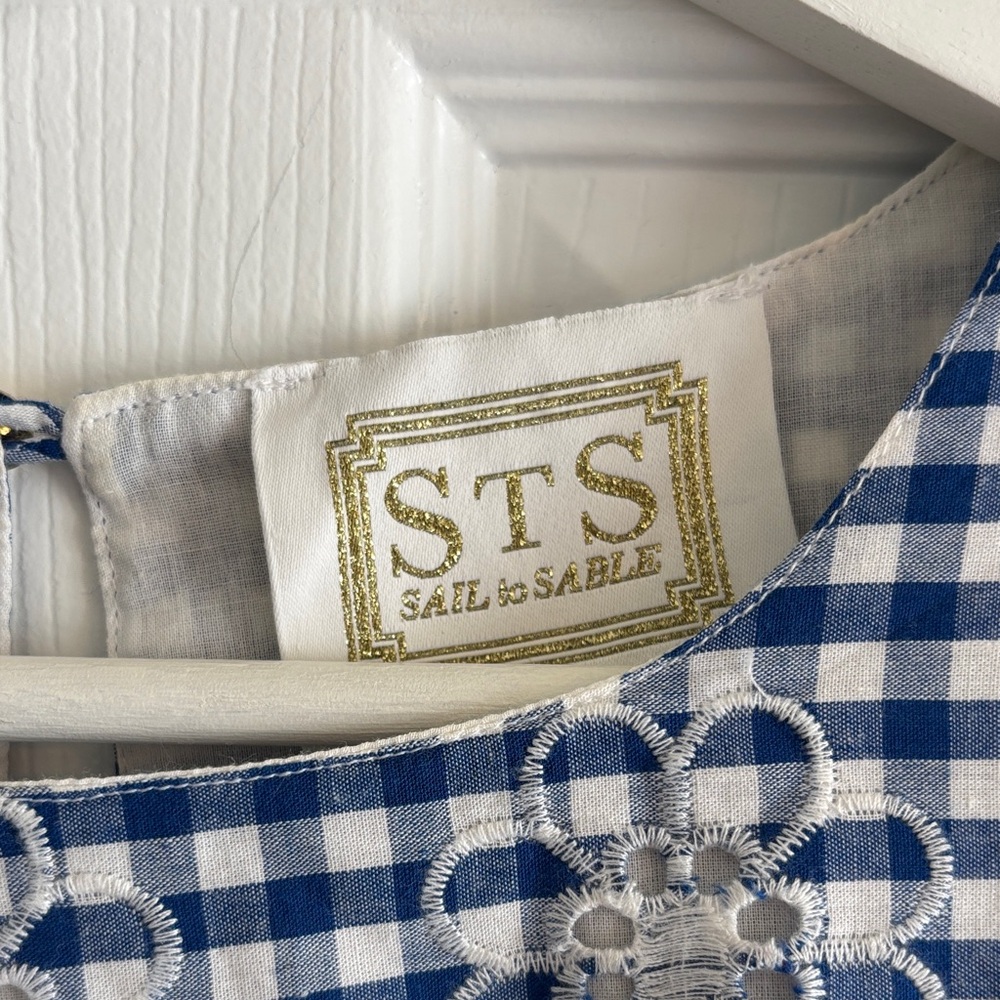 Sail to Sable Navy and White Gingham Dress with Floral Embroidery - Picture 3 of 8